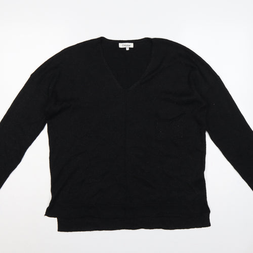 Odemai Women Black L V-Neck Lurex Knit Pullover Jumper