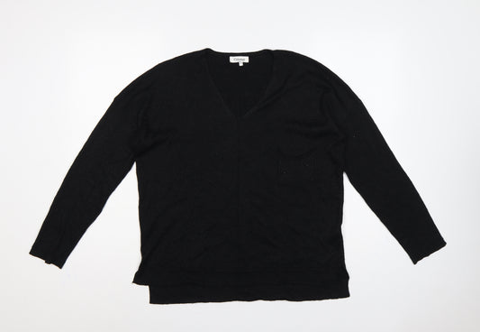 Odemai Women Black L V-Neck Lurex Knit Pullover Jumper
