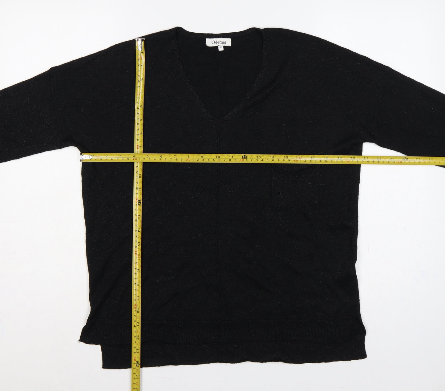 Odemai Women Black L V-Neck Lurex Knit Pullover Jumper