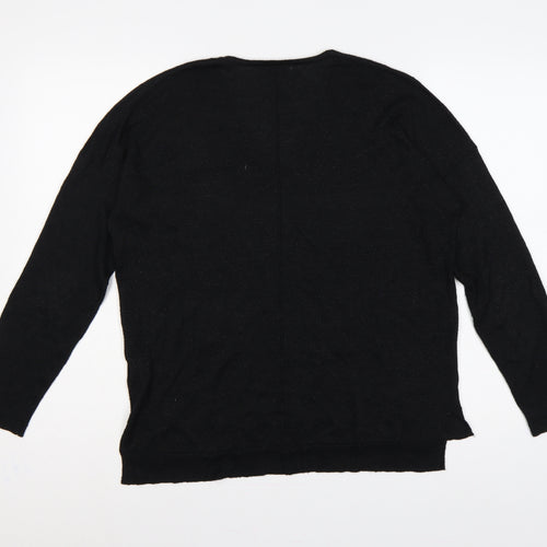 Odemai Women Black L V-Neck Lurex Knit Pullover Jumper