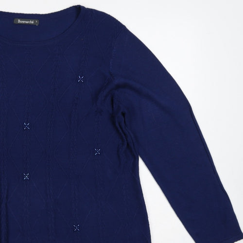 Bonmarché Women Blue L Cable Knit Argyle Round Neck Jumper