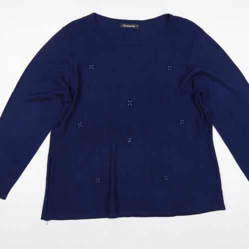 Bonmarché Women Blue L Cable Knit Argyle Round Neck Jumper
