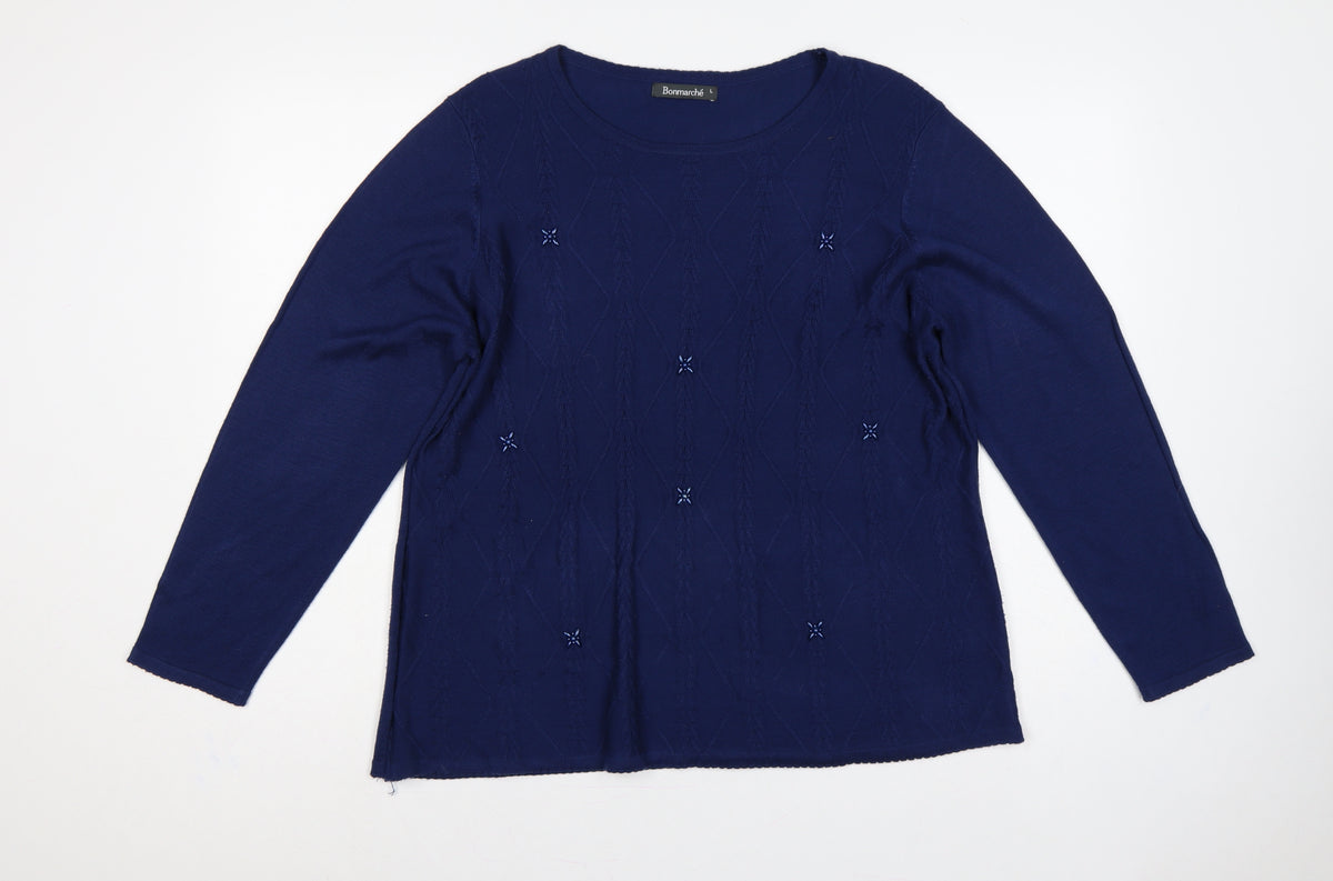 Bonmarché Women Blue L Cable Knit Argyle Round Neck Jumper