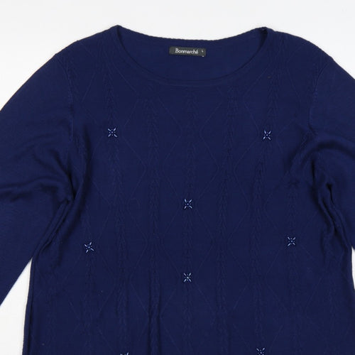 Bonmarché Women Blue L Cable Knit Argyle Round Neck Jumper