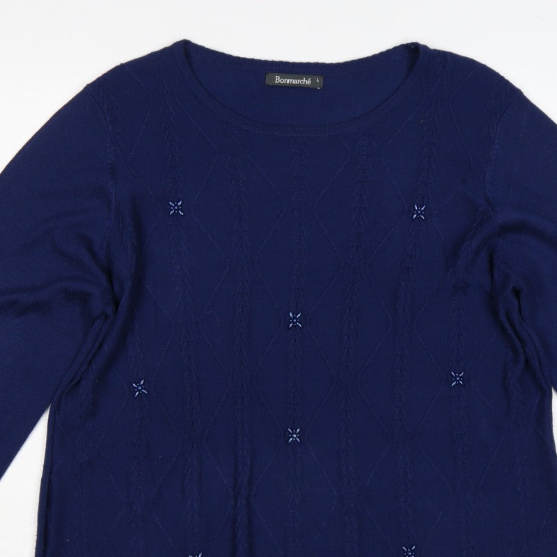 Bonmarché Women Blue L Cable Knit Argyle Round Neck Jumper