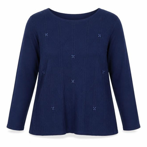 Bonmarché Women Blue L Cable Knit Argyle Round Neck Jumper