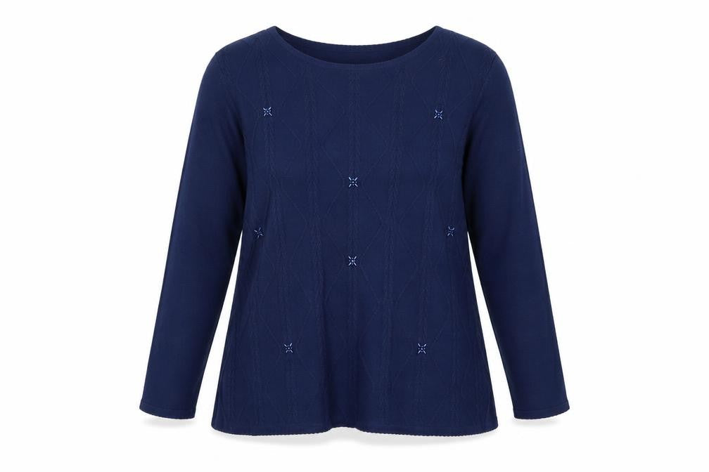 Bonmarché Women Blue L Cable Knit Argyle Round Neck Jumper