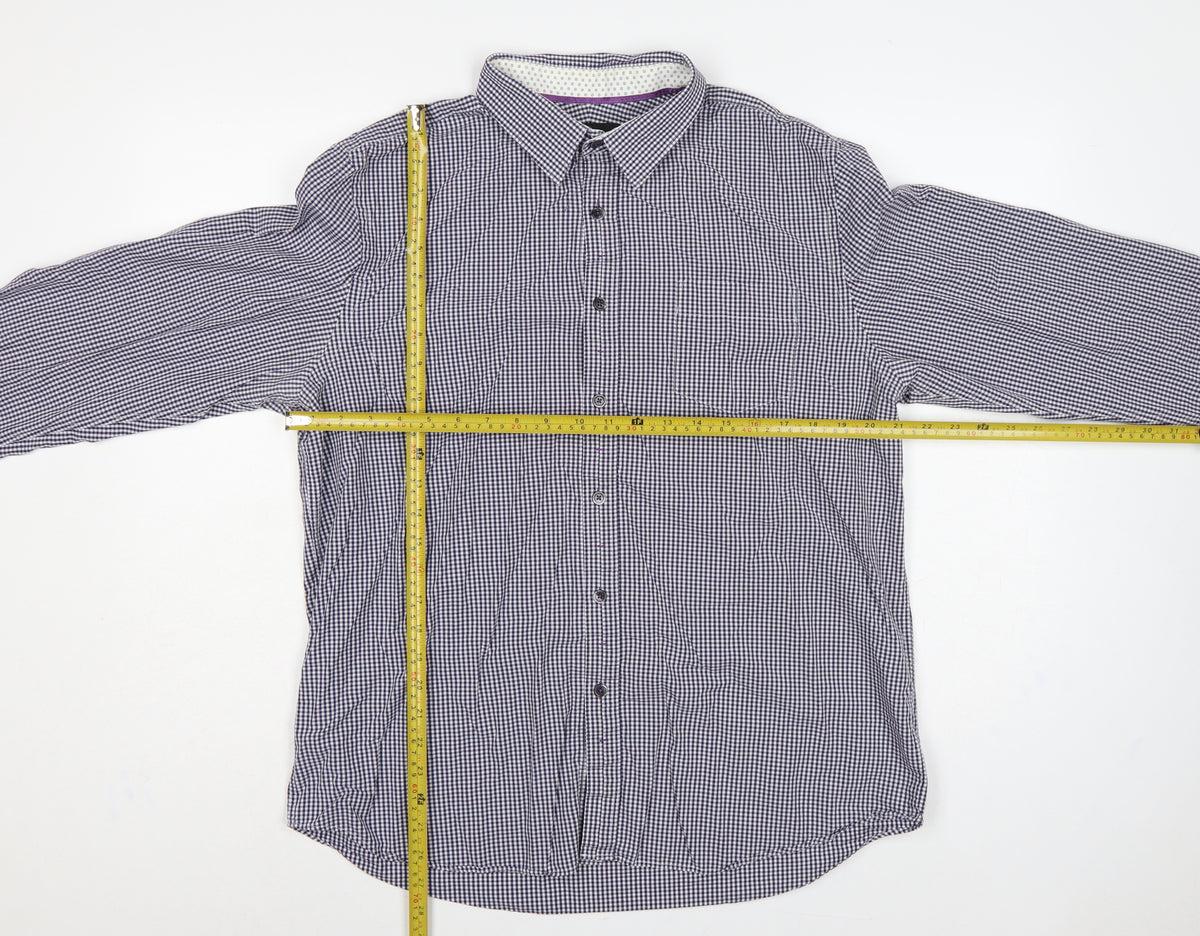 Close-up detail of Jeff Banks Men’s Blue Check Button-Down Long Sleeve Shirt L