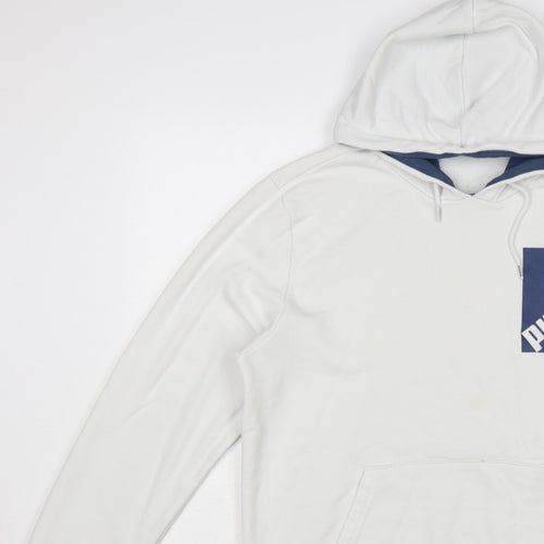 Puma Men’s White M Pullover Hoodie Blue Logo Graphic Pocket