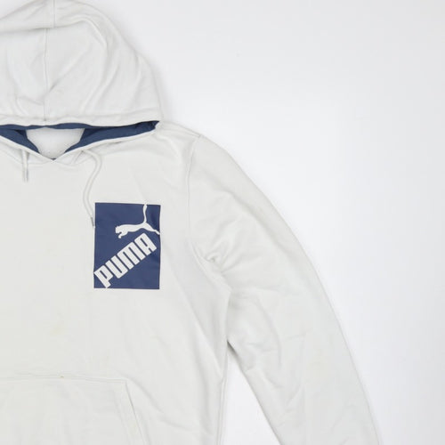 Puma Men’s White M Pullover Hoodie Blue Logo Graphic Pocket