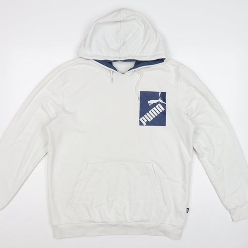 Puma Men’s White M Pullover Hoodie Blue Logo Graphic Pocket