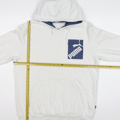 Puma Men’s White M Pullover Hoodie Blue Logo Graphic Pocket