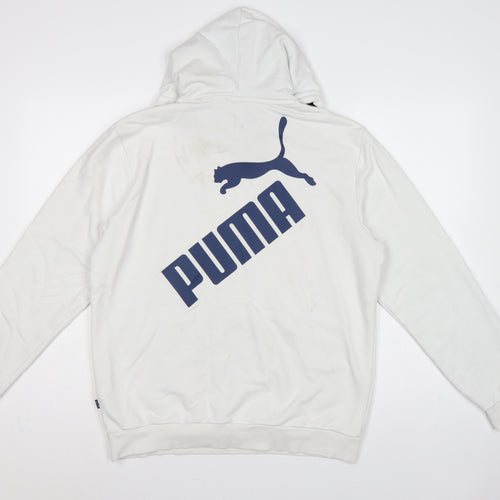 Puma Men’s White M Pullover Hoodie Blue Logo Graphic Pocket