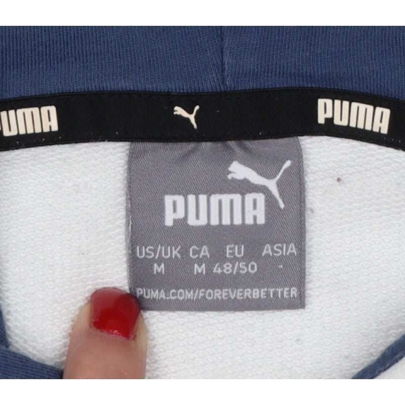 Puma Men’s White M Pullover Hoodie Blue Logo Graphic Pocket