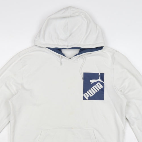 Puma Men’s White M Pullover Hoodie Blue Logo Graphic Pocket