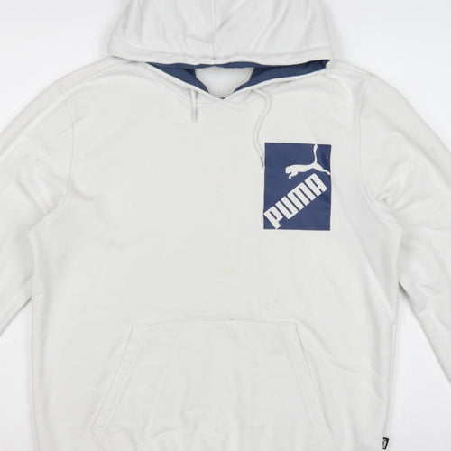 Puma Men’s White M Pullover Hoodie Blue Logo Graphic Pocket