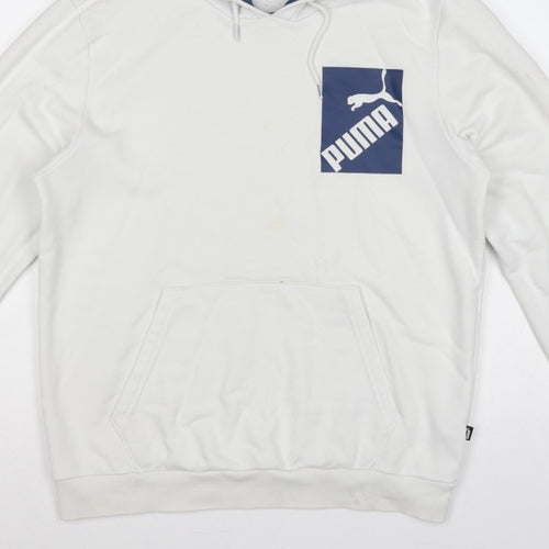 Puma Men’s White M Pullover Hoodie Blue Logo Graphic Pocket