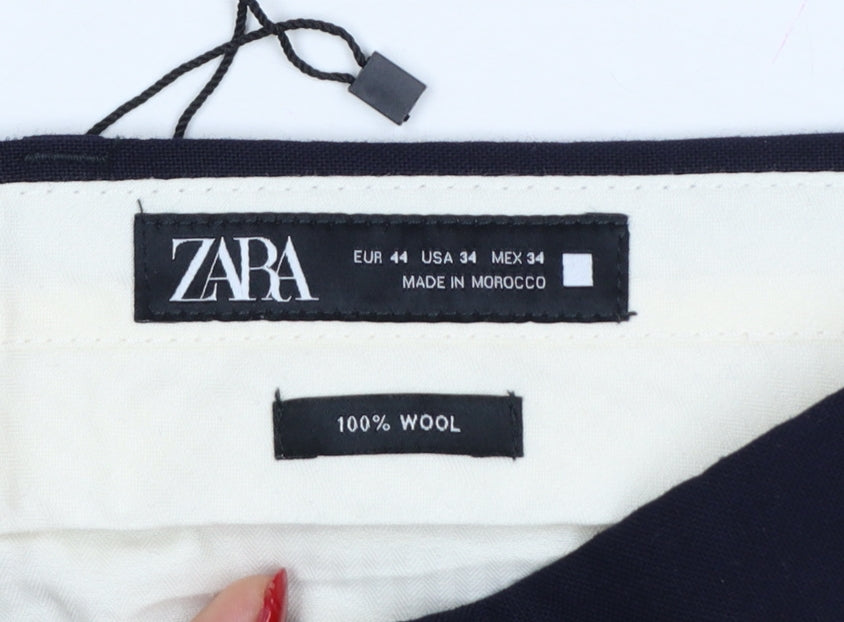 Zara Men’s Blue 34 Wool Flat Front Straight Dress Trousers