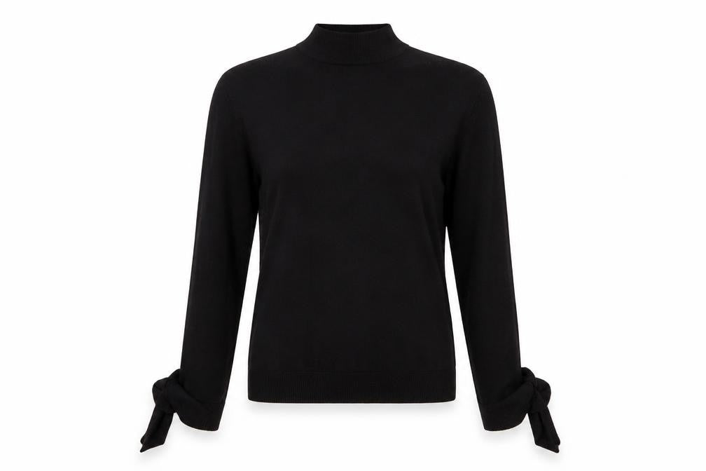 Front view of Mango Women Black UK 12 Wool Blend High Neck Tie Cuff Jumper