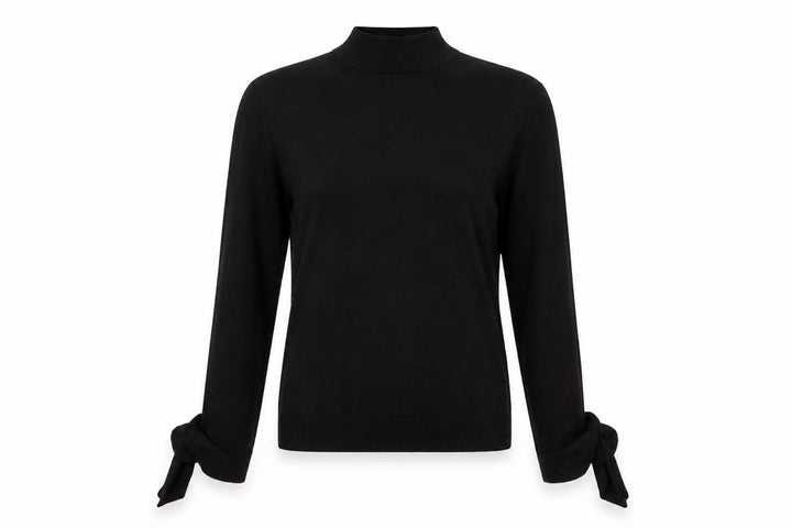 Mango Women Black UK 12 Wool Blend High Neck Tie Cuff Jumper
