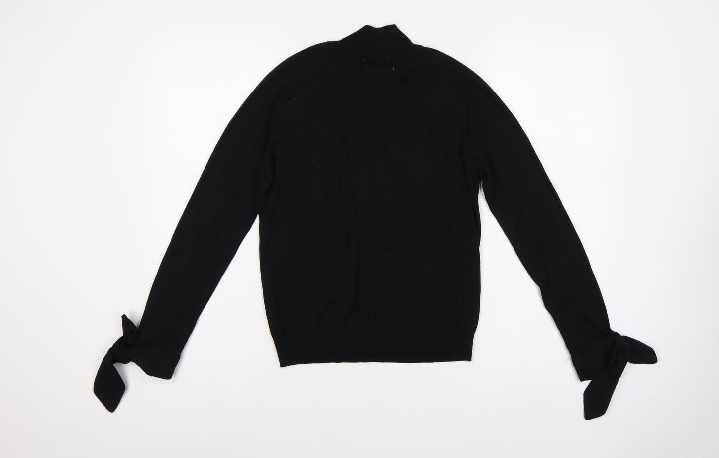 Mango Women Black UK 12 Wool Blend High Neck Tie Cuff Jumper