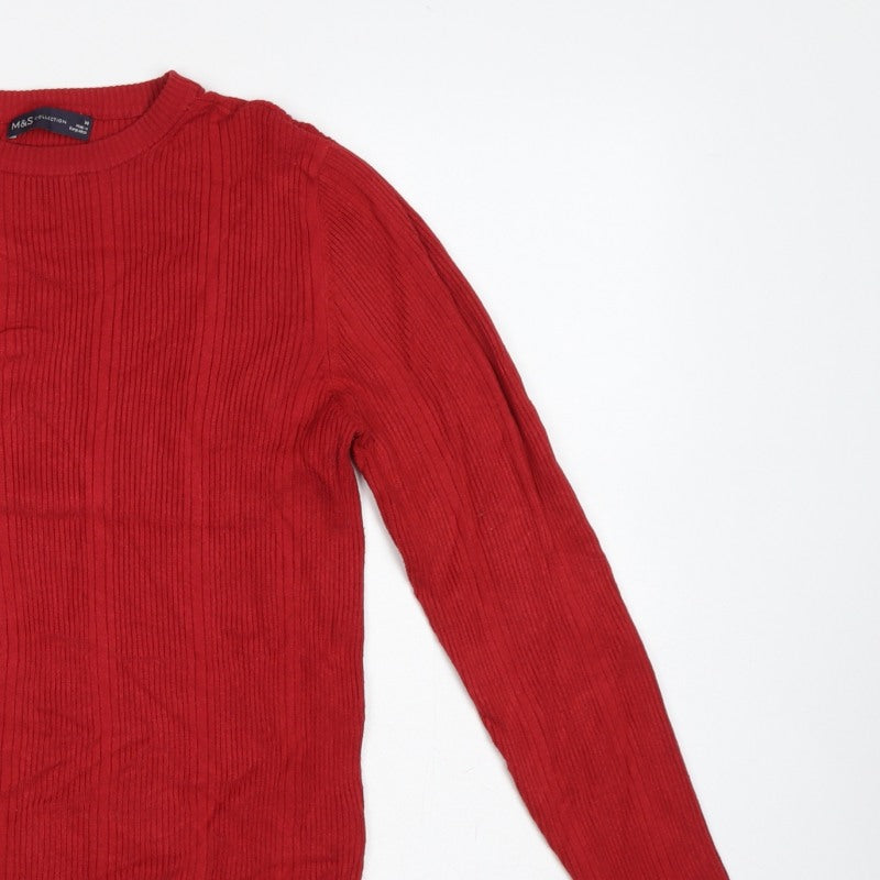 Marks & Spencer Women Red UK 14 Ribbed Knit Crew Neck Pullover Jumper