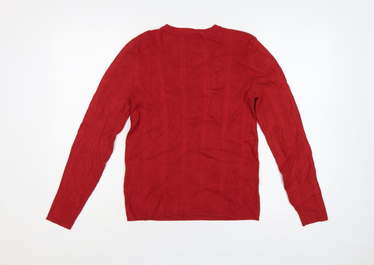 Marks & Spencer Women Red UK 14 Ribbed Knit Crew Neck Pullover Jumper