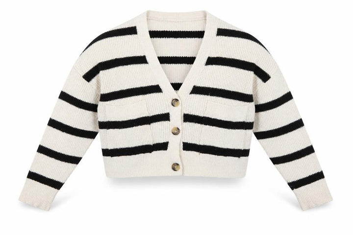 Pull&Bear Women’s Ivory Black Stripe XS V-Neck Chunky Knit Cardigan