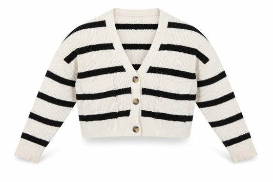 Pull&Bear Women’s Ivory Black Stripe XS V-Neck Chunky Knit Cardigan