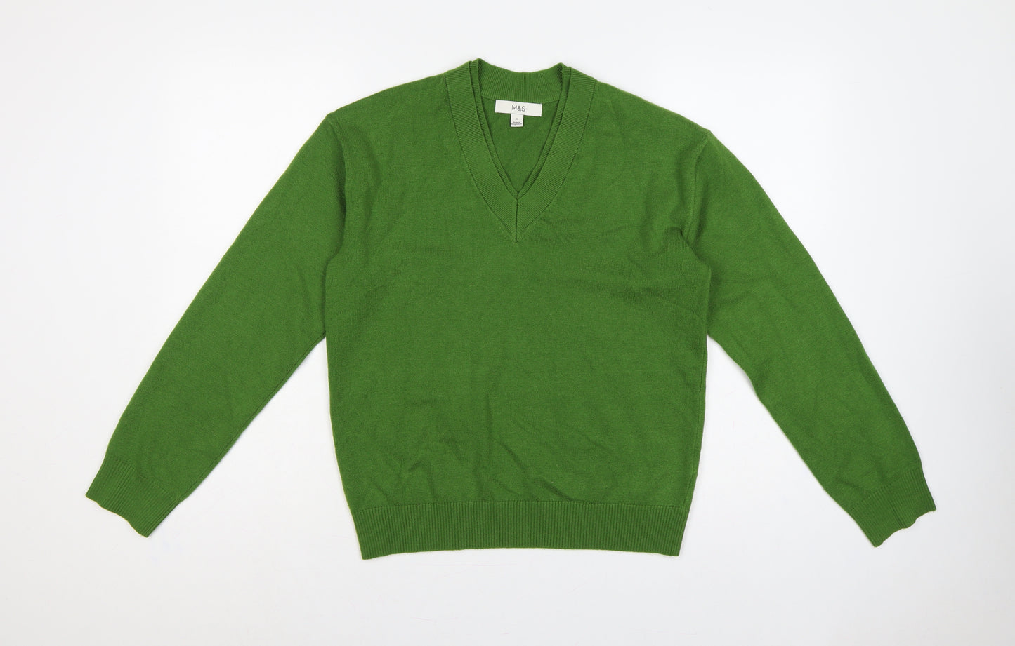 Marks and Spencer Women Green S V-Neck Knit Pullover Jumper