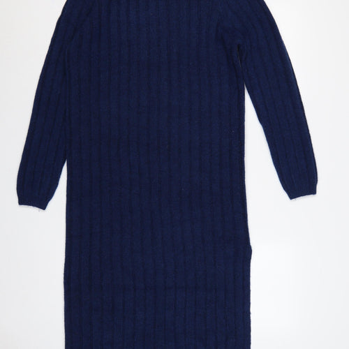 ASOS Design Women Blue UK 14 Long Rib Knit Roll Neck Jumper Dress