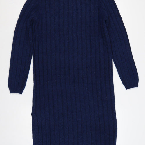 ASOS Design Women Blue UK 14 Long Rib Knit Roll Neck Jumper Dress