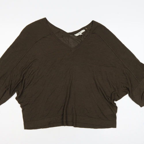 Next Women Brown S V-Neck Batwing 3/4 Sleeve Viscose Knit Pullover