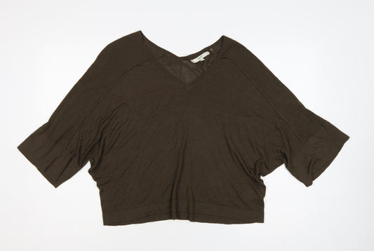 Next Women Brown S V-Neck Batwing 3/4 Sleeve Viscose Knit Pullover
