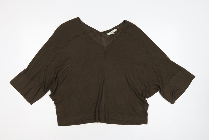 Next Women Brown S V-Neck Batwing 3/4 Sleeve Viscose Knit Pullover