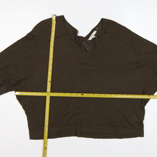 Next Women Brown S V-Neck Batwing 3/4 Sleeve Viscose Knit Pullover