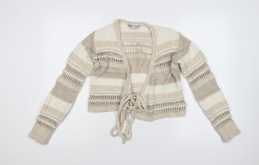 Zara Women Ivory Beige Striped Open Knit Tie Cardigan Size S