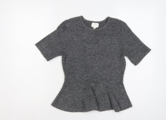 H&M Women Grey UK 12 Peplum Knit Short Sleeve Round Neck Jumper