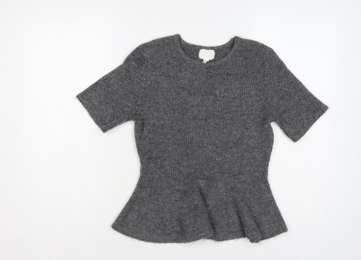 H&M Women Grey UK 12 Peplum Knit Short Sleeve Round Neck Jumper