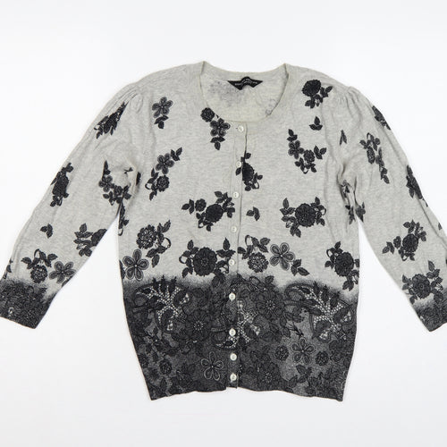 Dorothy Perkins Women Grey Floral Cotton Knit Cardigan UK 12 Long Sleeve