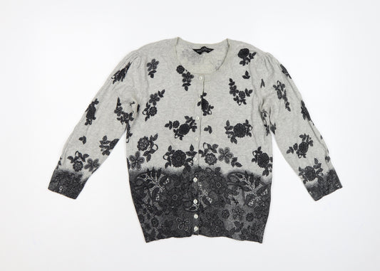 Dorothy Perkins Women Grey Floral Cotton Knit Cardigan UK 12 Long Sleeve