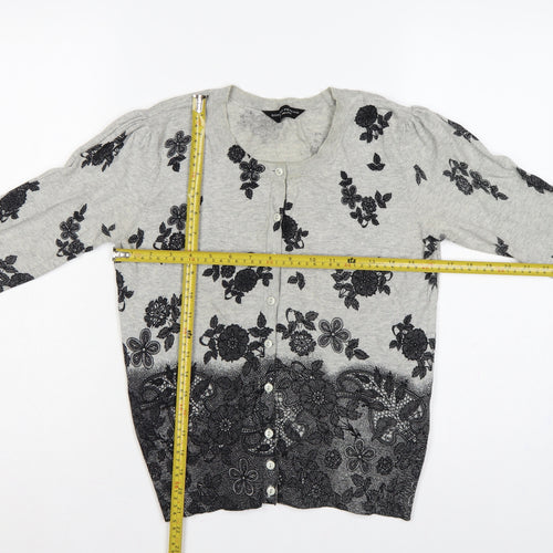 Dorothy Perkins Women Grey Floral Cotton Knit Cardigan UK 12 Long Sleeve