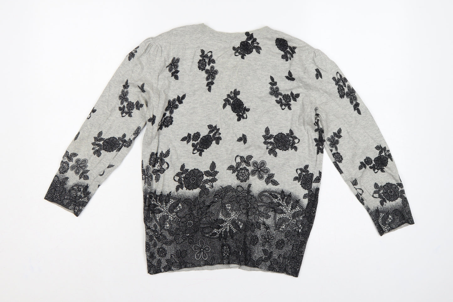 Dorothy Perkins Women Grey Floral Cotton Knit Cardigan UK 12 Long Sleeve