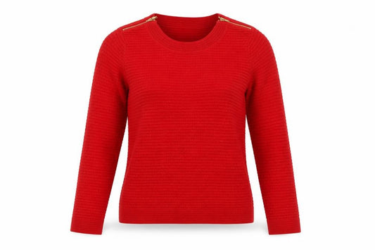 Front view of Marks & Spencer Women Red, size 10, Round Neck Zip Shoulder Jumper