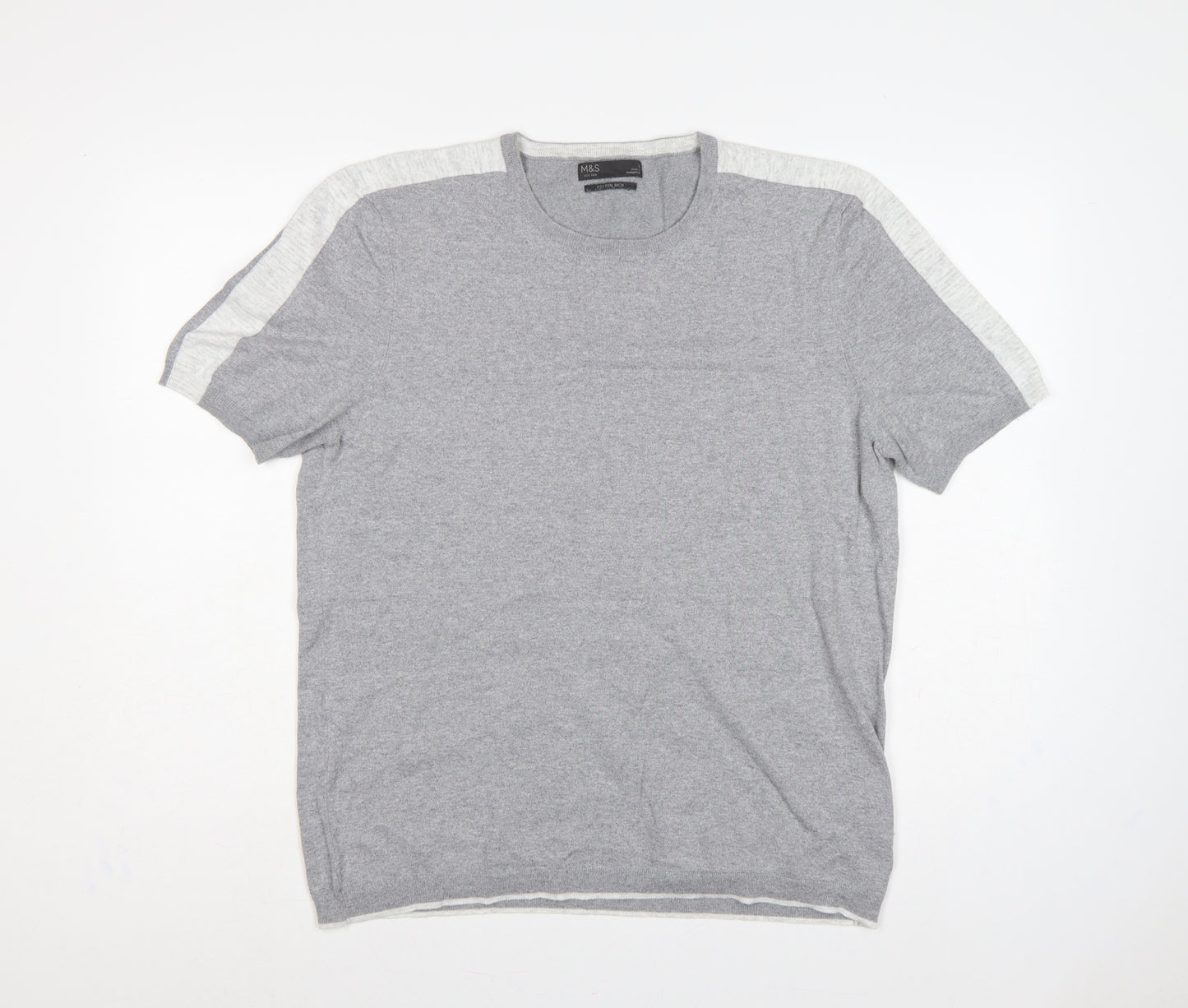 Marks & Spencer Men Grey L Cotton Knit Short Sleeve Pullover Jumper
