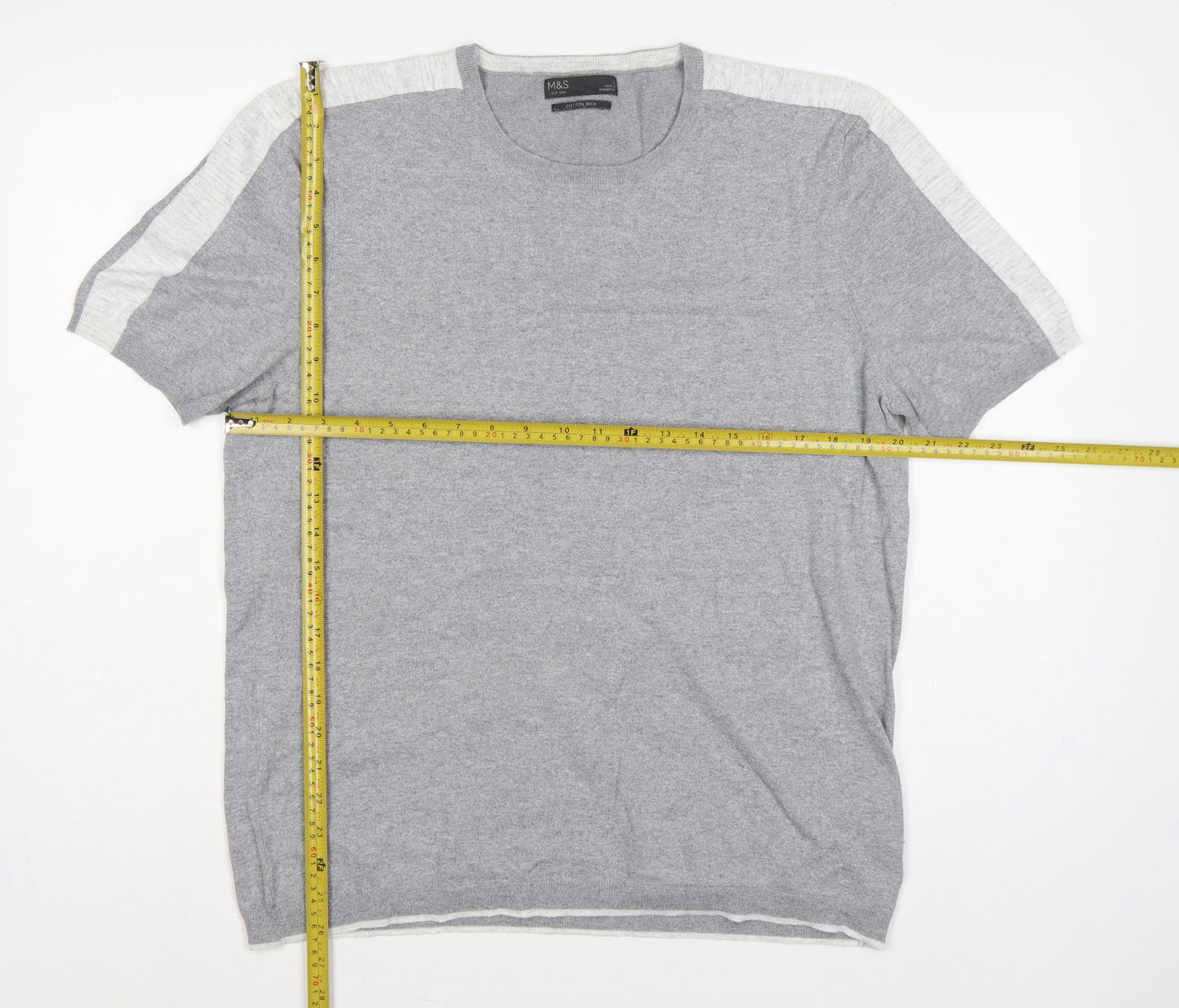 Marks & Spencer Men Grey L Cotton Knit Short Sleeve Pullover Jumper