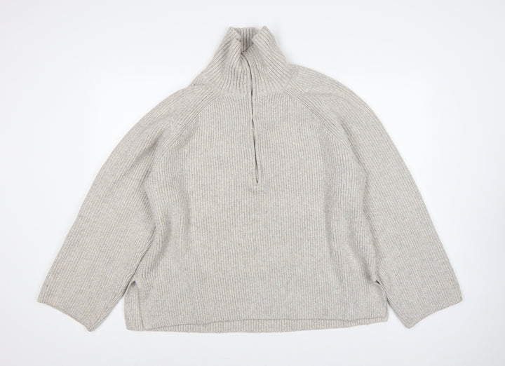 H&M Women’s Beige UK 20 Rib Knit 1/2 Zip High Neck Jumper