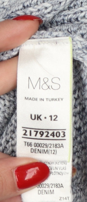 M&S Women Blue UK 12 Open Front Cable Knit Linen Blend Cardigan