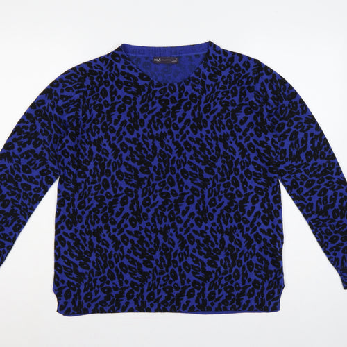 Marks & Spencer Women Blue Leopard Print V-Neck Jumper UK 16 Acrylic