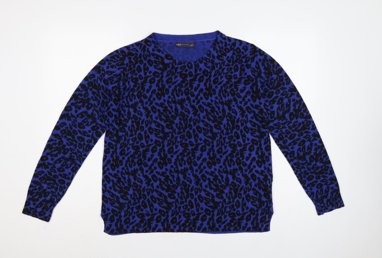 Marks & Spencer Women Blue Leopard Print V-Neck Jumper UK 16 Acrylic